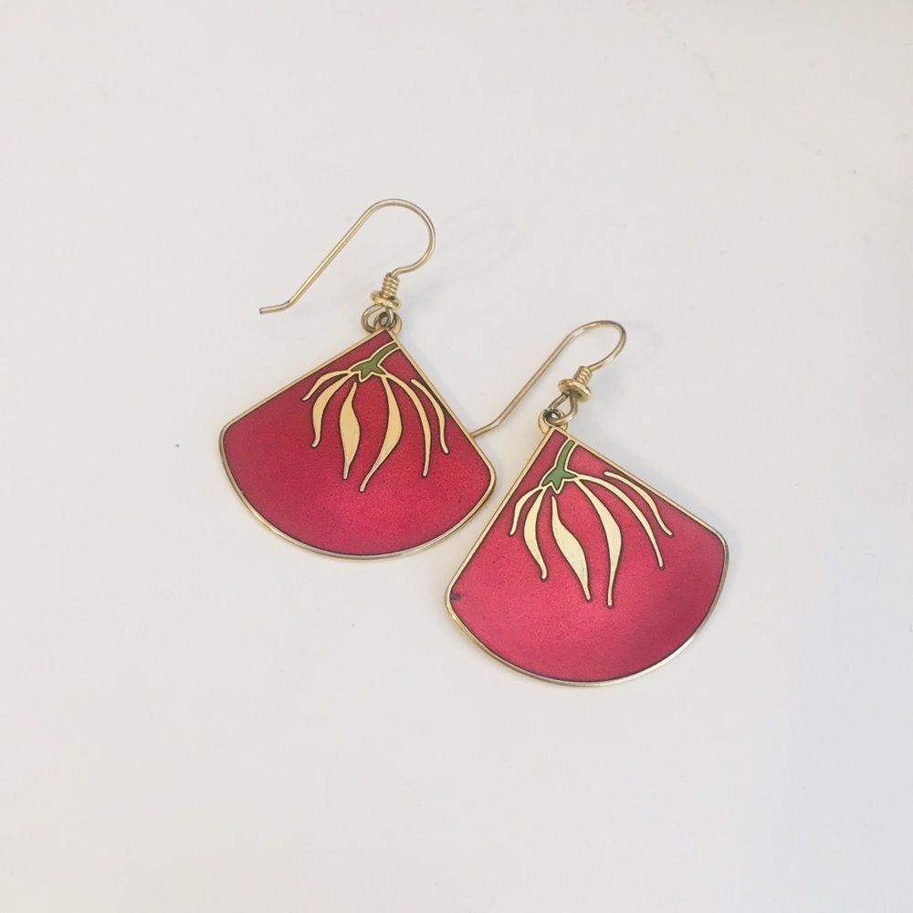 Laurel Burch Vintage Women's Red Willow Fan Floral Cloisonne Dangle Earrings